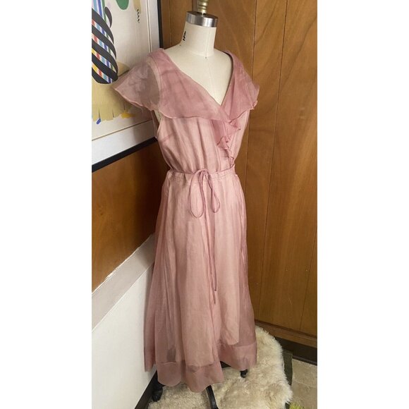 Reformation Cannes Dress Size L pink Wrap ruffle chiffon sheer rayon viscose - Picture 8 of 9